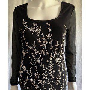 Kay Celine Top Blouse Floral Black Long Sleeves Rhinestones M